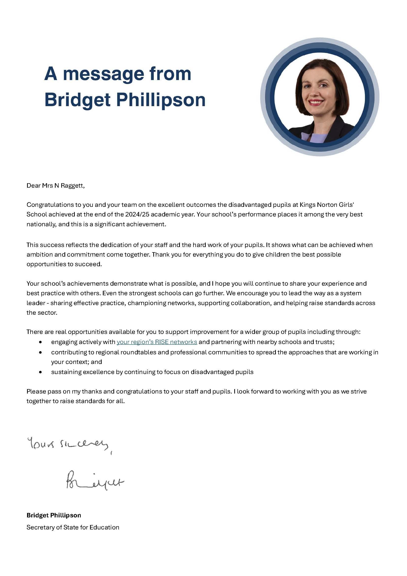 Secretary of State Praises Kings Norton Girls’ School for Outstanding Disadvantaged Pupil Outcomes